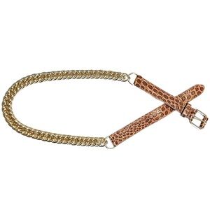 AXCESS Brown Croc Embossed Leather and Gold Chain Belt Made in Italy Medium